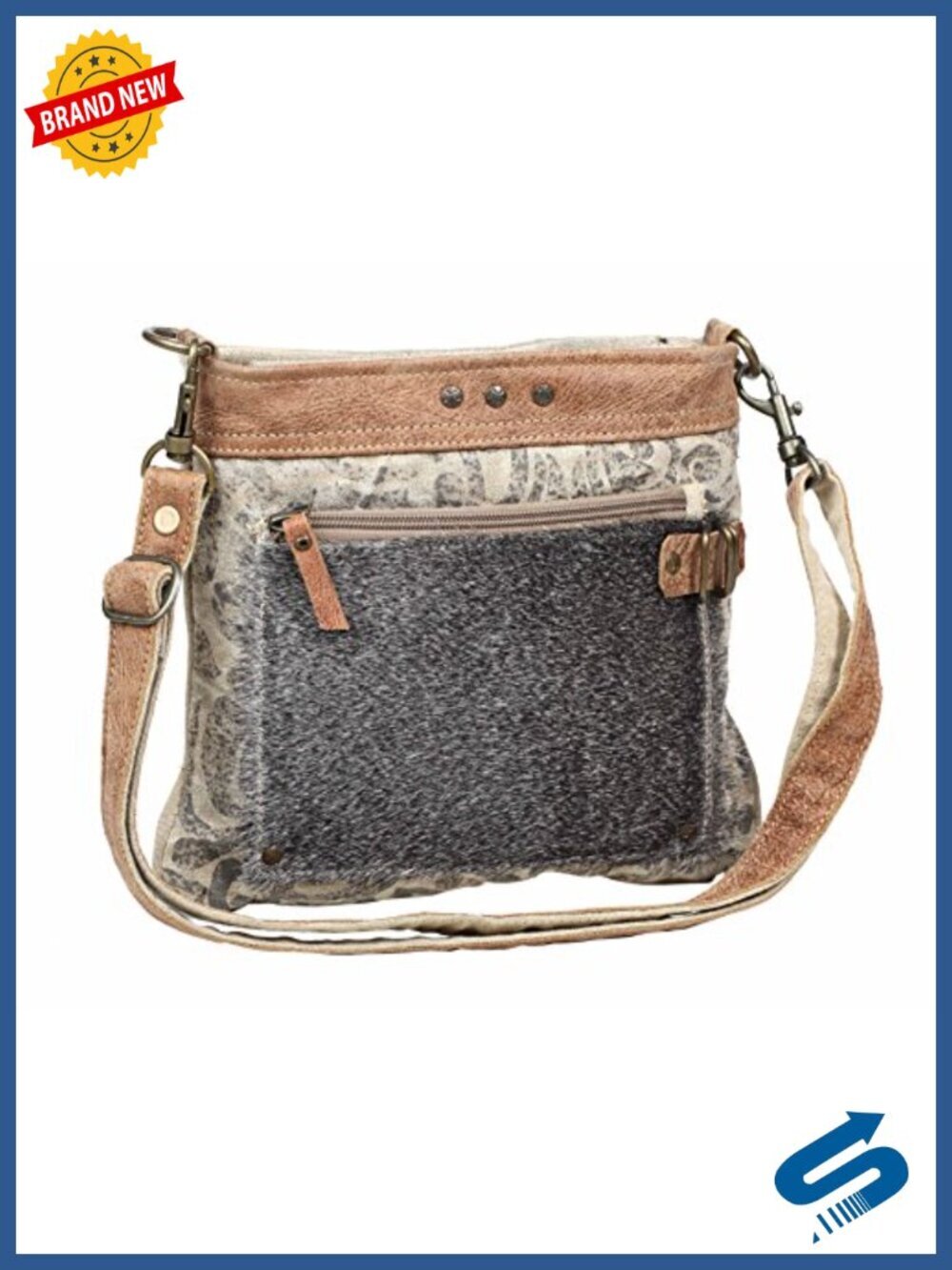 Upcycled Canvas Crossbody Bag with Leather Strap, Multiple Pockets